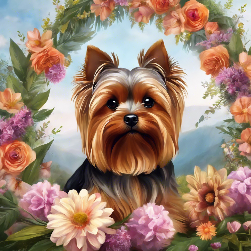 A majestic Yorky dog surrounded by a wreath of flowers Edible Icing Sheets- Assorted Image Cake Toppers-Frosting Sheets- Cookies- Cupcake Toppers for 1/4 Sheet Cake or Larger