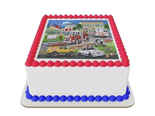 Emergency vehicles with dogs Edible Icing Sheet cake topper for 1/4 Sheet cake or larger