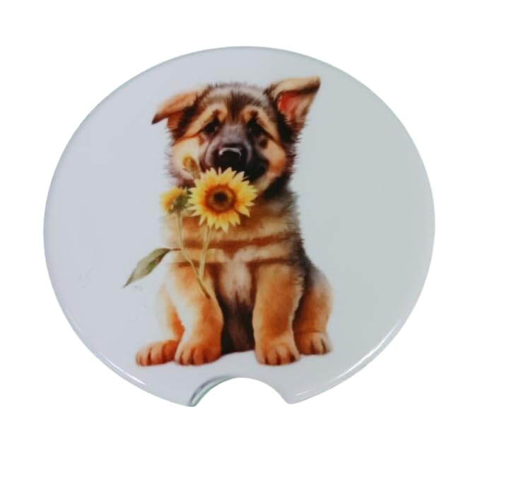 Adorable German Shepherd with Sunflower Ceramic Car Coaster Set 2.56" (2 Pack)