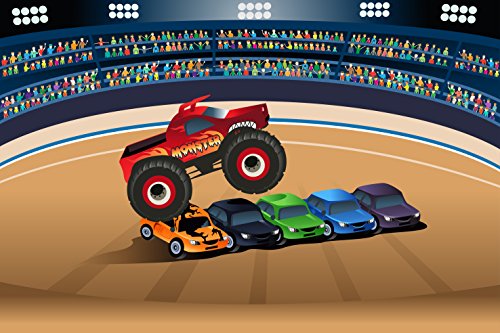 MOnster Truck Jumping Cars Edible Cake Image Topper 1/4 Sheet