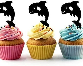 Smiling Dolphin Silhouette Acrylic Cupcake Toppers 12 pcs