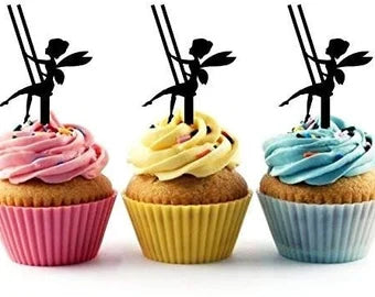 Fairy on a Swing Silhouette Acrylic Cupcake Toppers 12 pcs