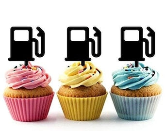 Gas Station Silhouette Acrylic Cupcake Toppers 12 pcs