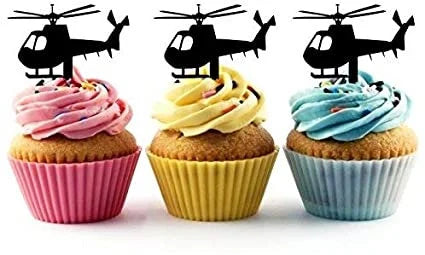 Helicopter Silhouette Acrylic Cupcake Toppers 12 pcs