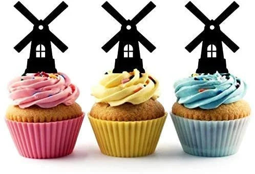 Dutch Windmill Holland Silhouette Acrylic Cupcake Toppers 12 pcs