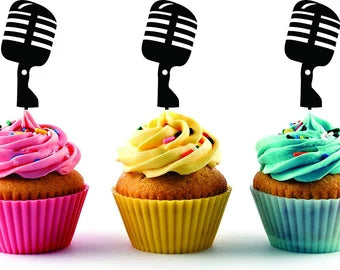 Vintage Microphone Silhouette Acrylic Cupcake Toppers 12 pcs