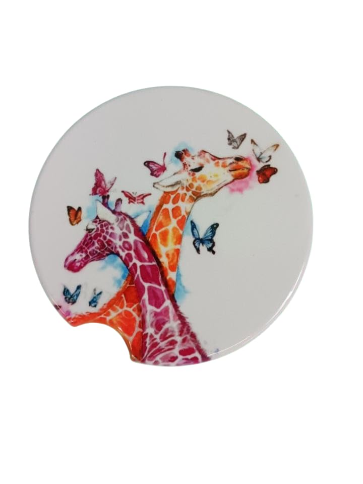 Two Colorful Giraffes and Butterflies Ceramic Car Coaster Set 2.56" (2 Pack)