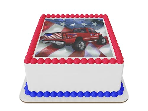 Patrotic truck with flag Edible Icing Sheet cake topper for 1/4 Sheet cake or larger