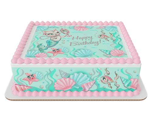 Mermaid kitten Aqua under the sea Happy Birthday Edible Icing Sheets- Assorted Image Cake Toppers-Frosting Sheets- Cookies- Cupcake Toppers