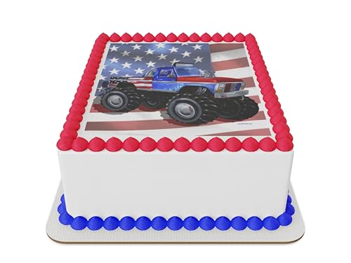 Monster truck with flag Edible Icing Sheet cake topper for 1/4 Sheet cake or larger