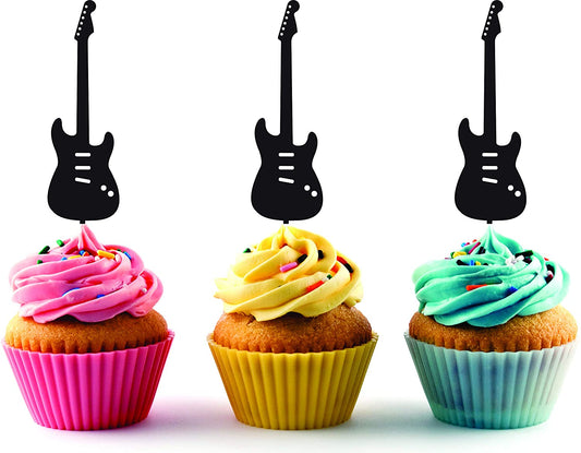 Stratocaster Guitar Silhouette Acrylic Cupcake Toppers 12 pcs