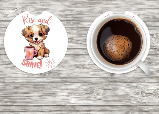 Rise and Shine Puppy with Coffee Car Coaster Set