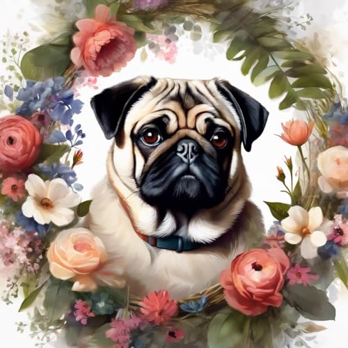 A majestic Pug surrounded by a wreath of flowers Edible Icing Sheets- Assorted Image Cake Toppers-Frosting Sheets- Cookies- Cupcake Toppers for 1/4 Sheet Cake or Larger