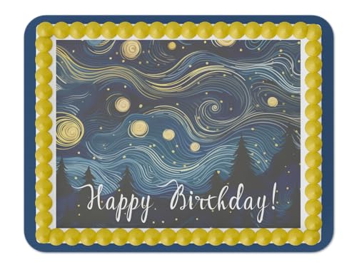 Starry Night Inspired Abstract Happy Birthday Edible Cake Topper-1/4 sheet