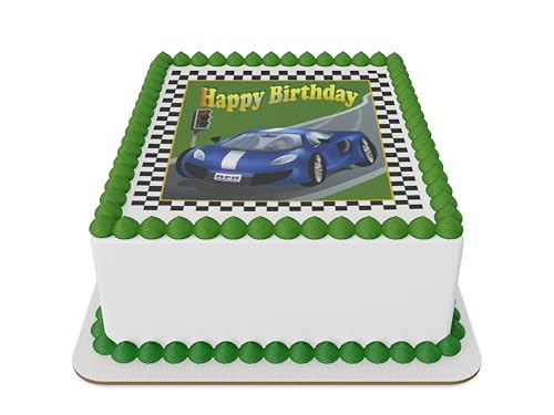 Race car Happy Birthday Edible Icing Sheet Cake topper for 1/4 Sheet cake ot larger